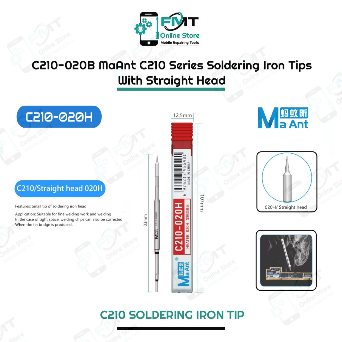 C210-020H MaAnt C210 Series Soldering iron Tip With a Straight Head.