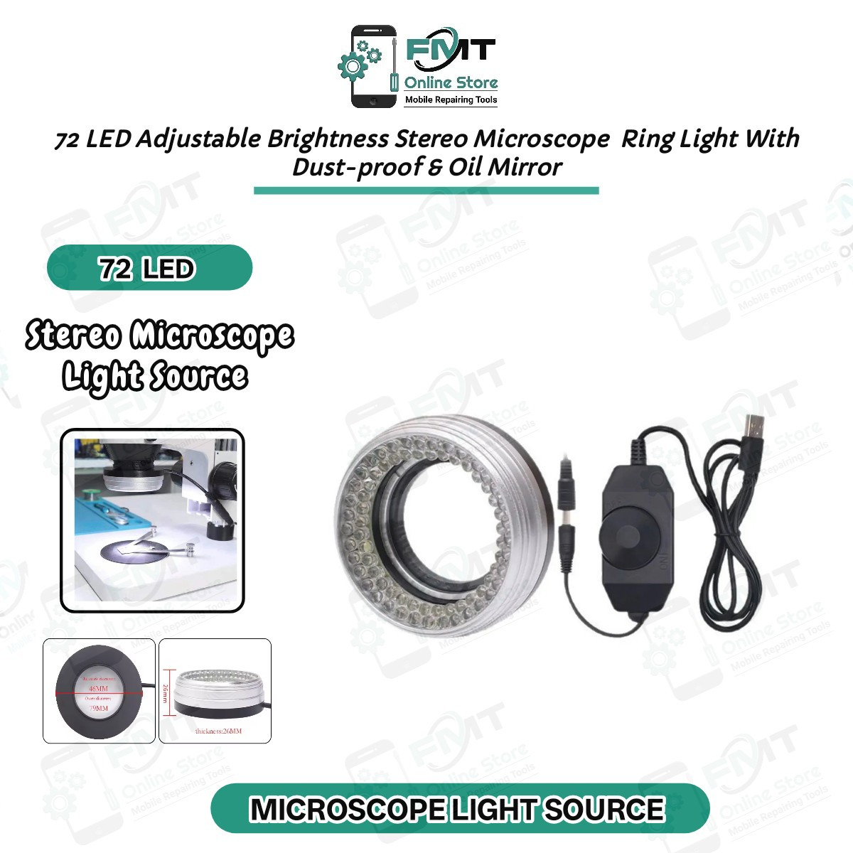 72 LED Adjustable Brightness Stereo Microscope  Ring Light With Dust-proof & Oil Mirror