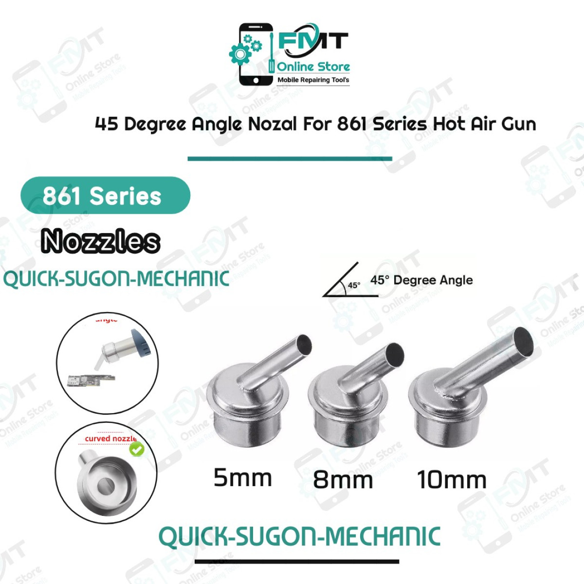 5mm,8mm,10mm 861 Series Hot Air Gun Nozzle Set of 45-degree angle
