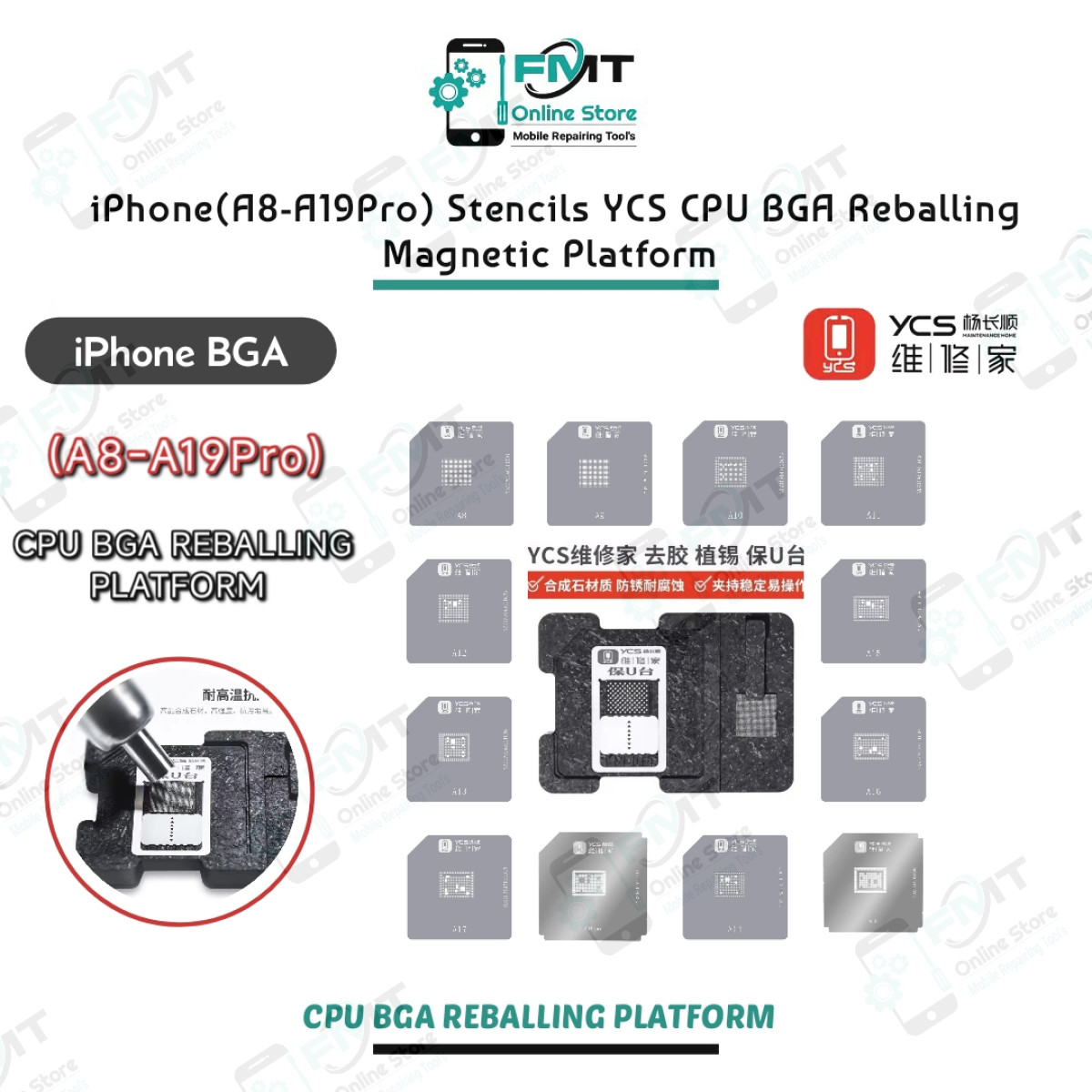 iPhone(A8-A19Pro) Stencils YCS CPU BGA Reballing Magnetic Platform