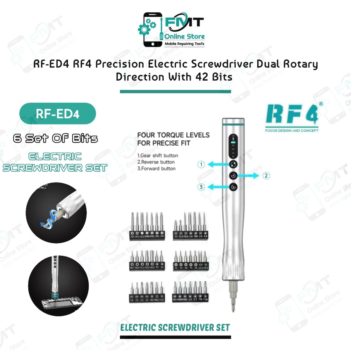 RF-ED4 RF4 Precision Electric Screwdriver Dual Rotary Direction With 42 Bits