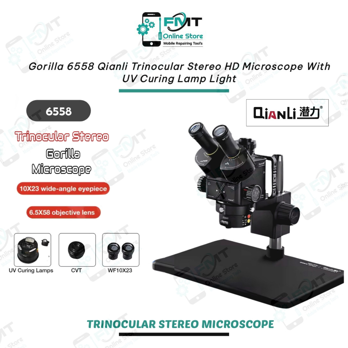 Gorilla 6558 Qianli Trinocular Stereo Microscope With UV Curing Lamp Light