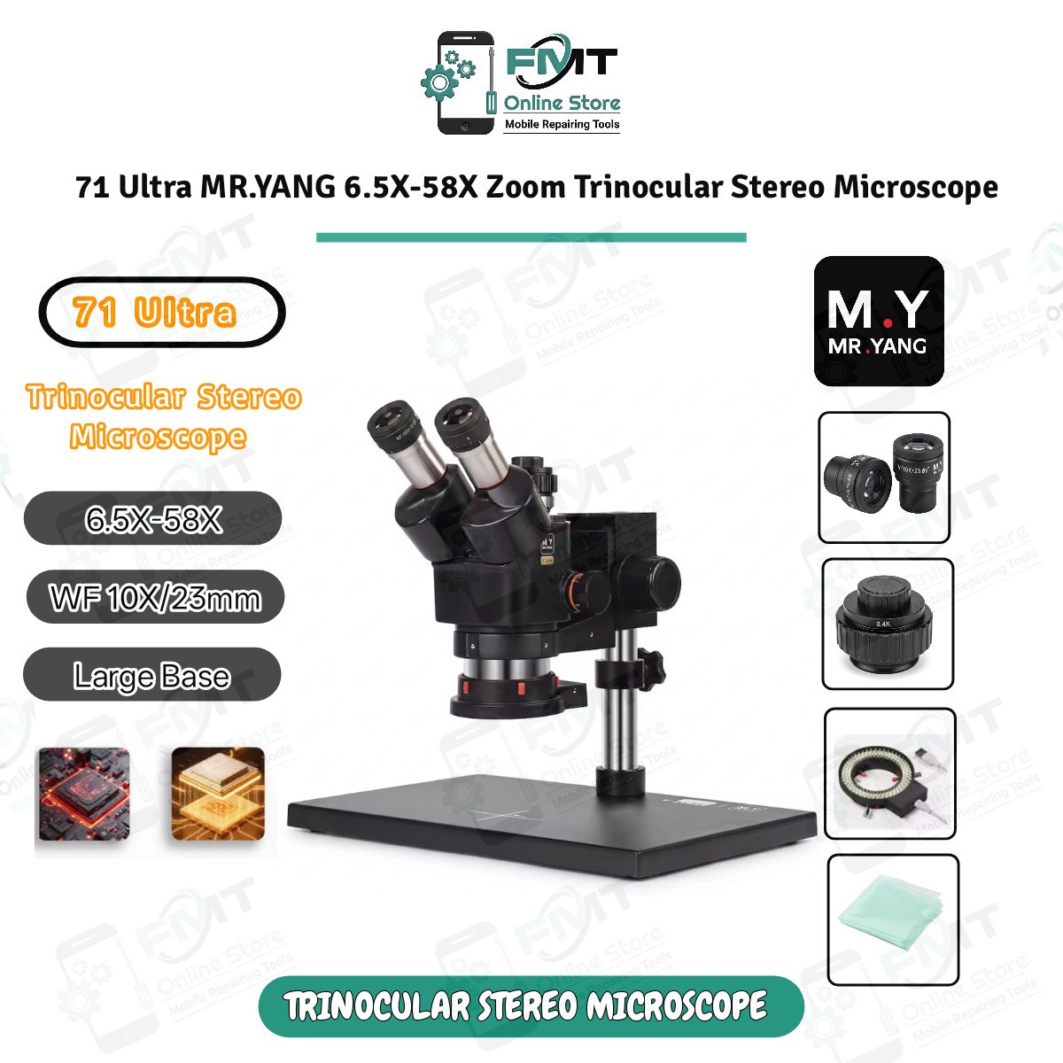 71 Ultra MR.YANG 6.5X-58X Zoom Trinocular Stereo Microscope