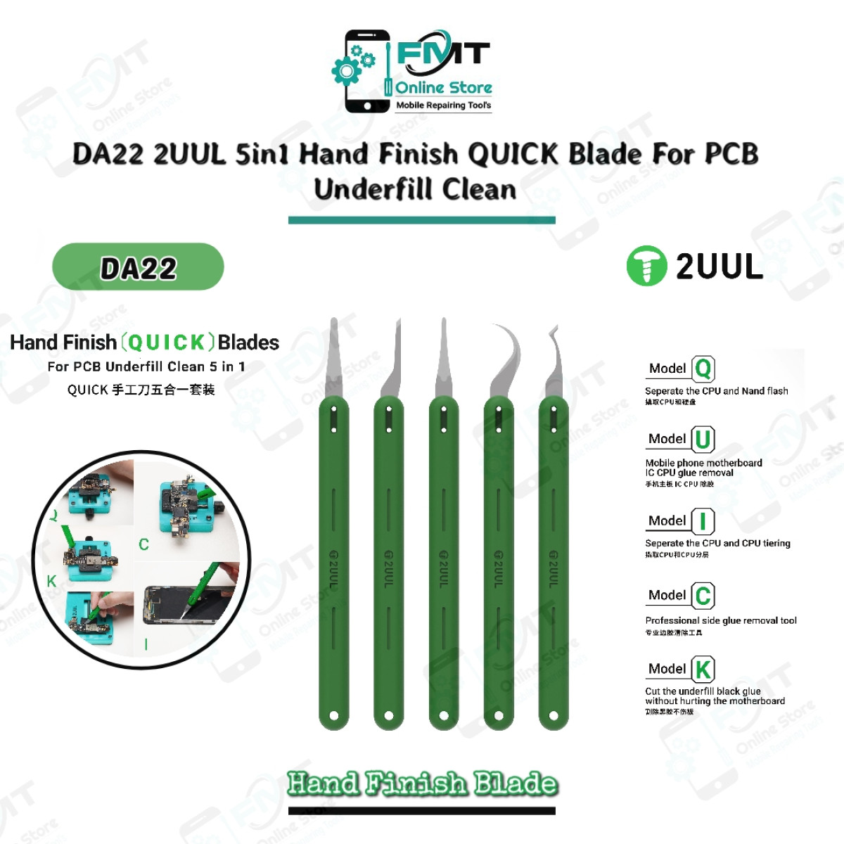 2UUL DA22 Hand Finish QUICK Blades Set for PCB Underfill Clean