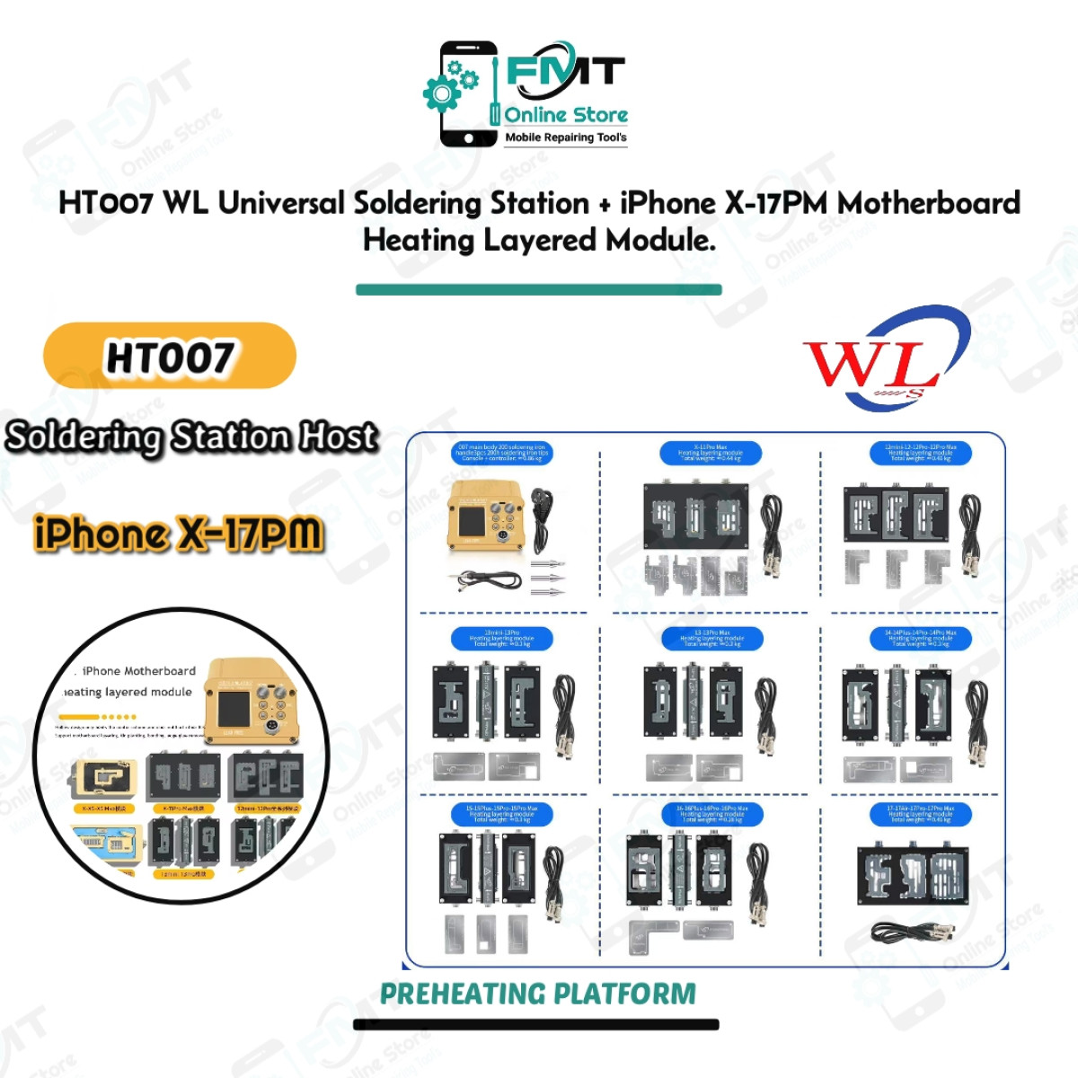 HT007 WL Universal Soldering Station + iPhone X-17PM Motherboard Heating Layered Module.