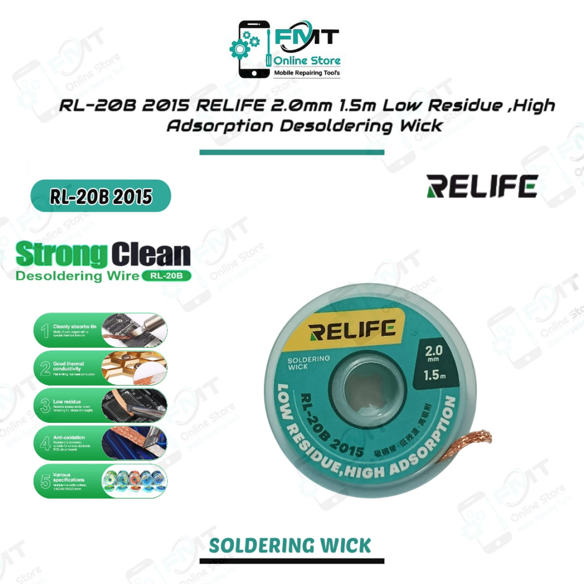 RL-20B 2015 RELIFE 2.0mm 1.5m Low Residue ,High Adsorption Desoldering Wick