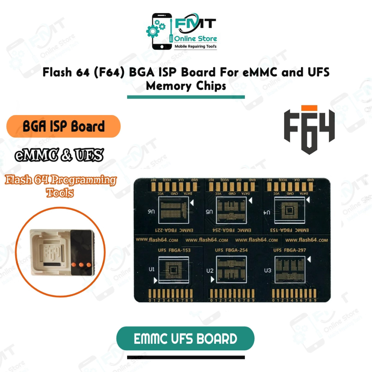 Flash 64 (F64) BGA ISP Board For eMMC and UFS Memory Chips