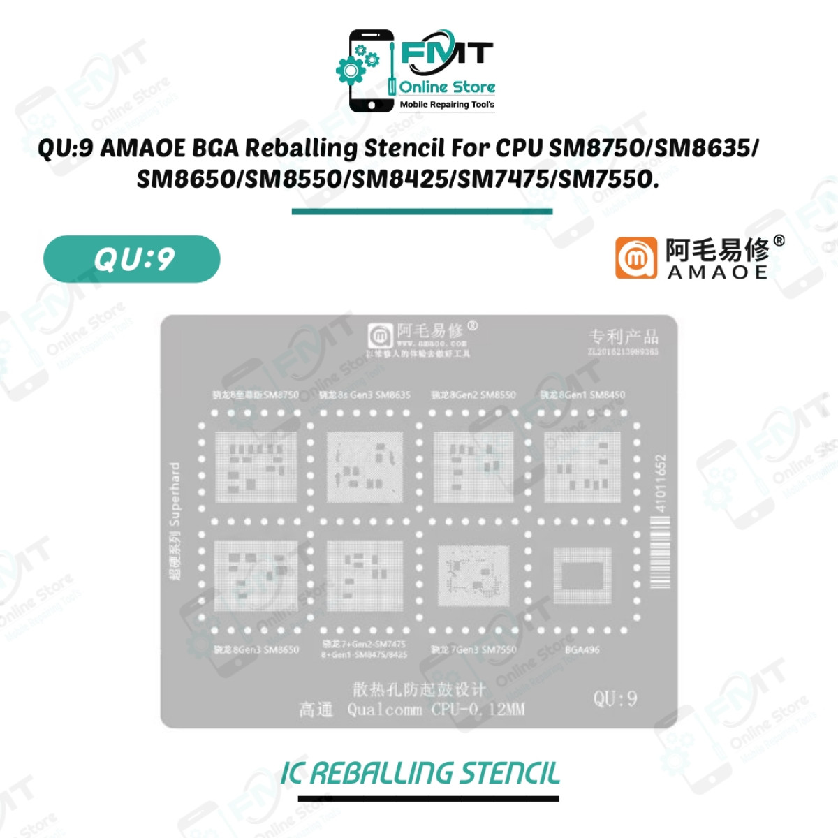 QU:9 AMAOE BGA Reballing Stencil For CPU SM8750/SM8635/SM8650/SM8550/SM8425/SM7475/SM7550.