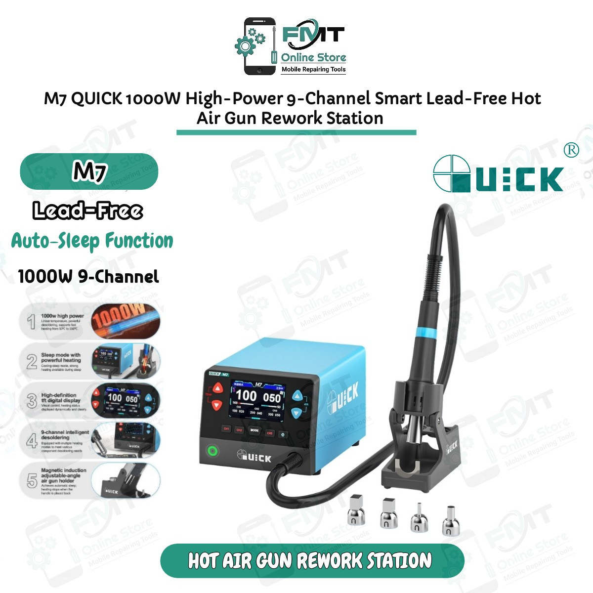 M7 QUICK 1000W High-Power 9-Channel Smart Lead-Free Hot Air Gun Rework Station