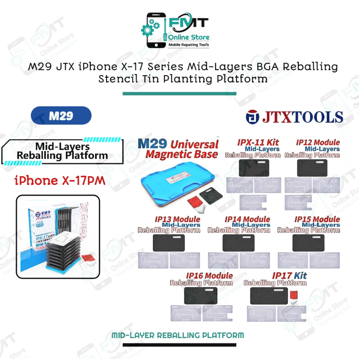 M29 JTX iPhone X-17 Series Mid-Layers BGA Reballing Stencil Tin Planting Platform.