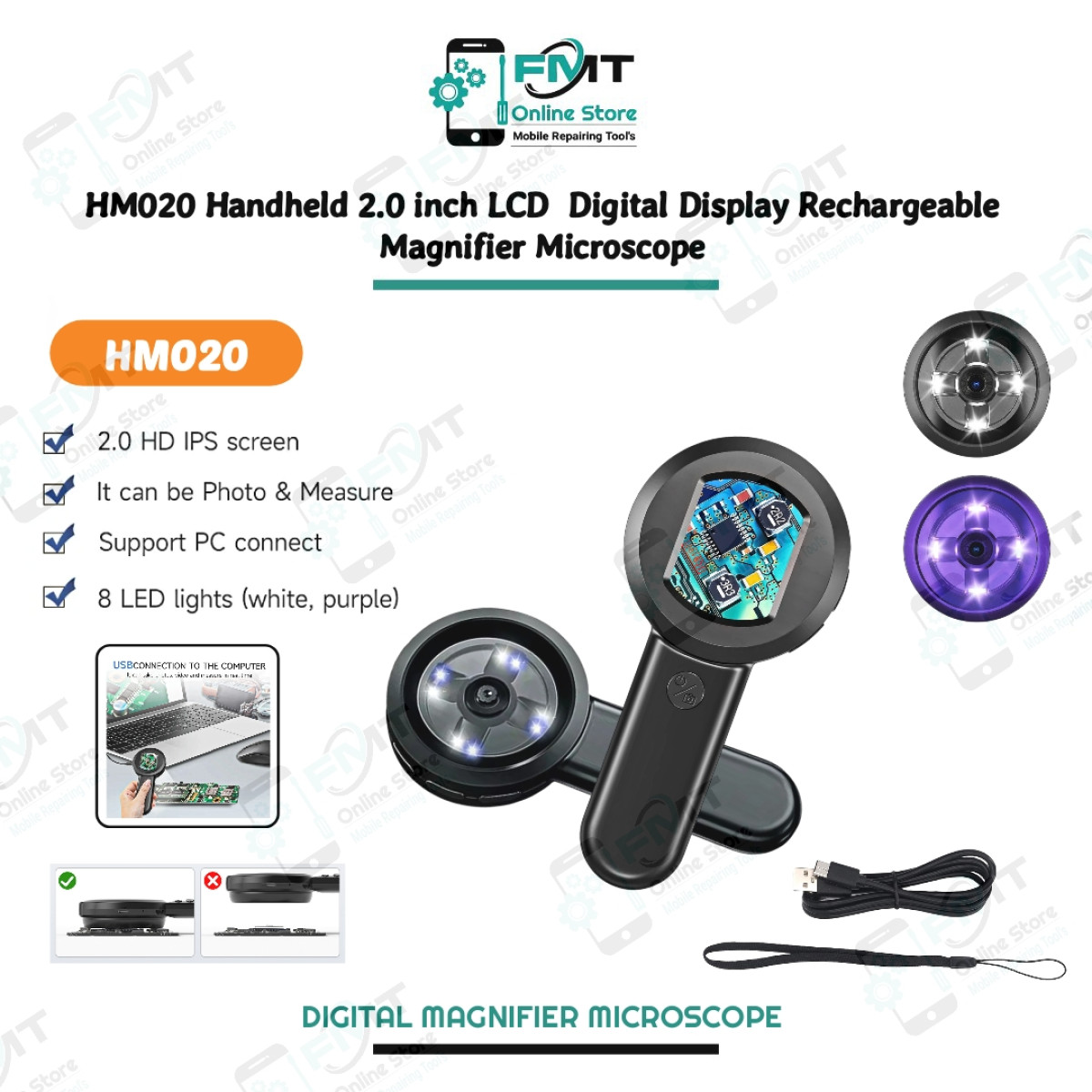 HM020 Handheld 2.0 inch LCD  Digital Display Rechargeable Magnifier Microscope.