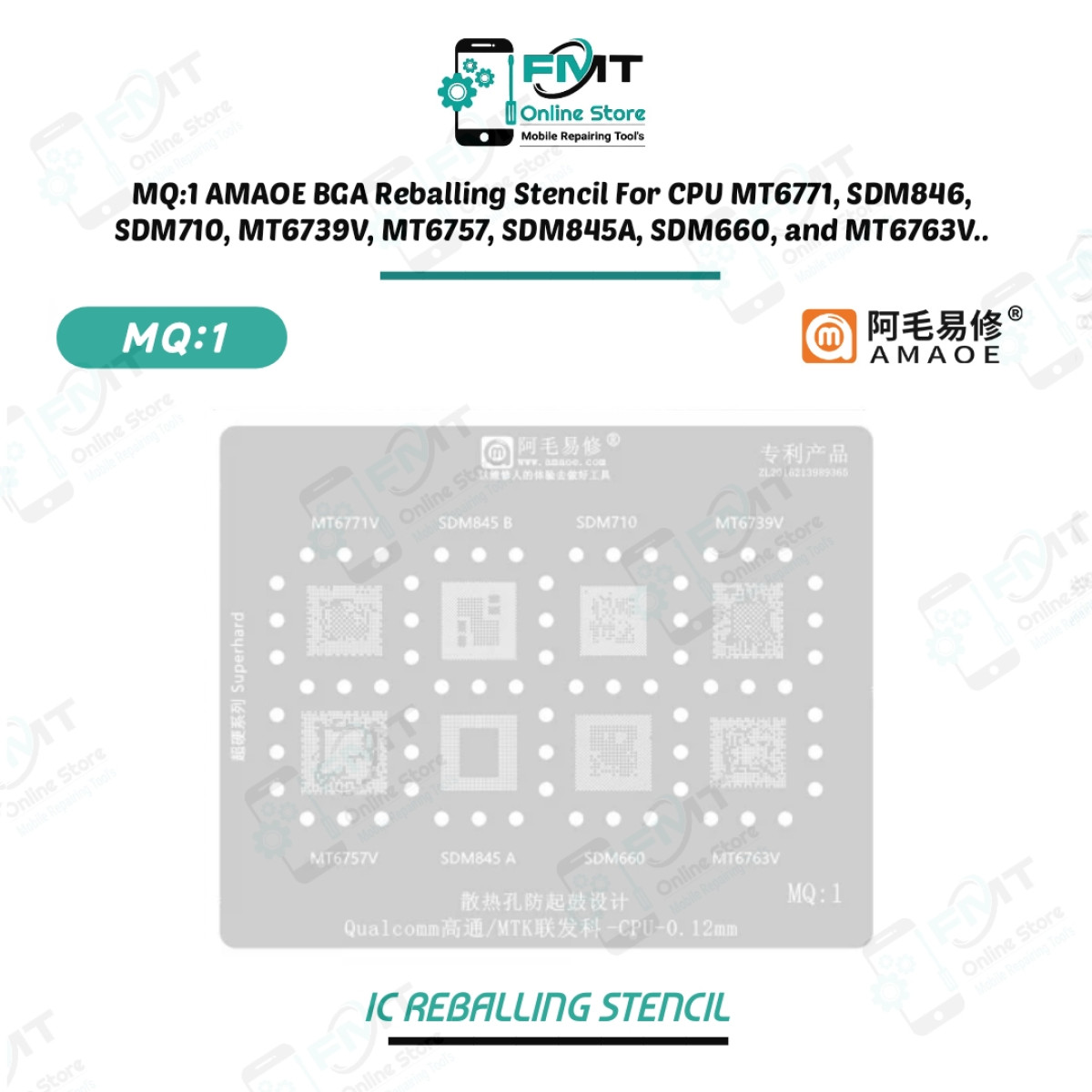 MQ:1 AMAOE BGA Reballing Stencil For CPU MT6771, SDM846, SDM710, MT6739V, MT6757, SDM845A, SDM660, and MT6763V..