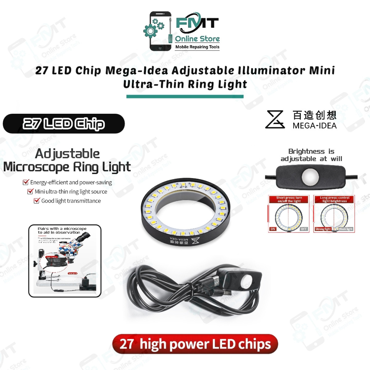 27 LED Chip Mega-Idea Adjustable Illuminator Mini Ultra-Thin Ring Light For Stereo Microscope With Dust Proof Lens