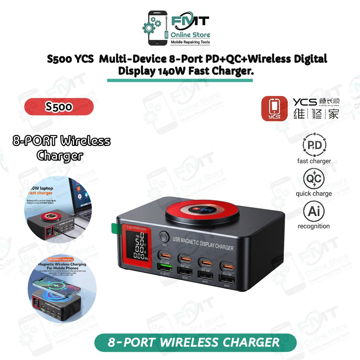 S500 YCS  Multi-Device 8-Port PD+QC+Wireless Digital Display 140W Fast Charger. 