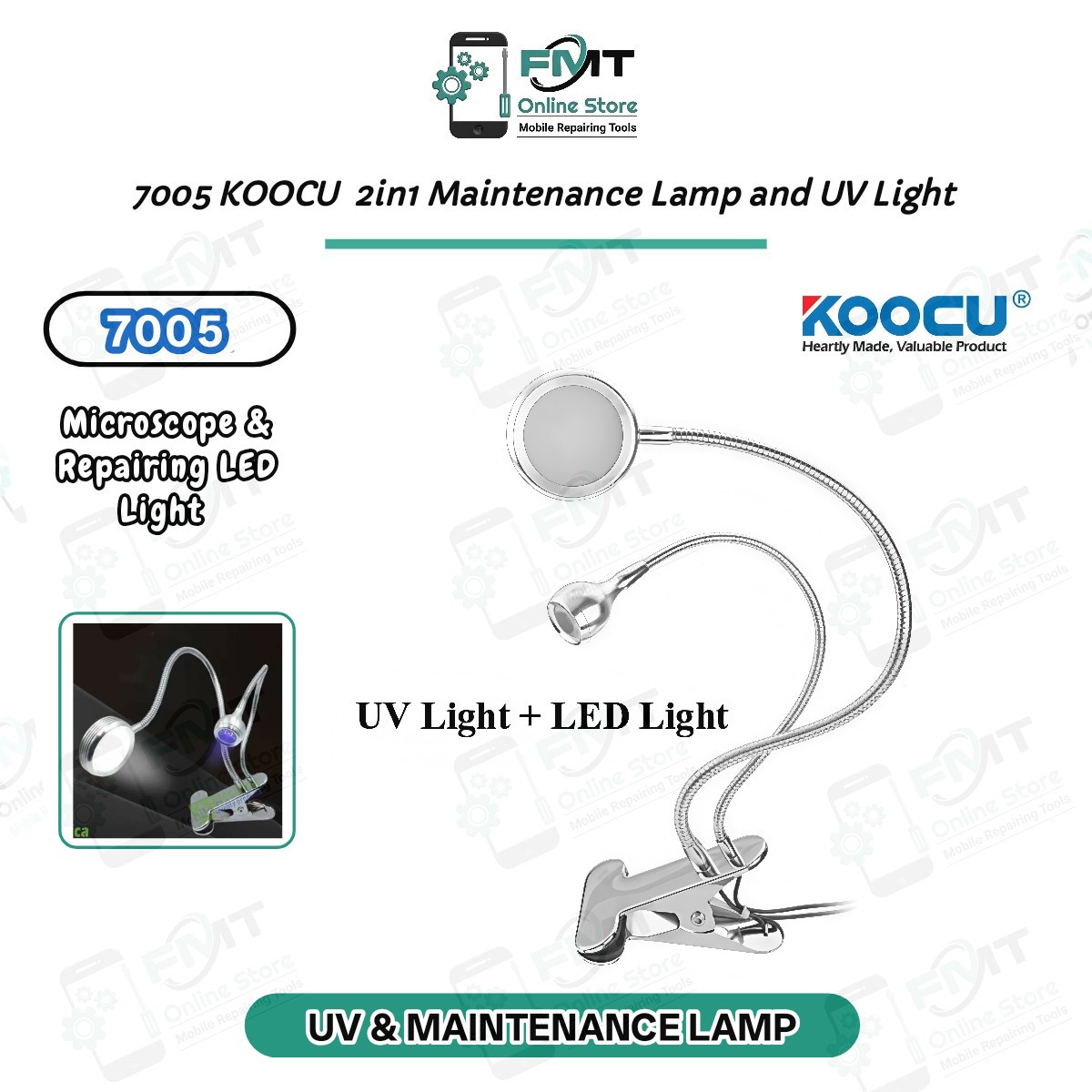 7005 KOOCU  2in1 Maintenance Lamp and UV Light With Adjustable Flexible Arms and a Clamp For Attachment.