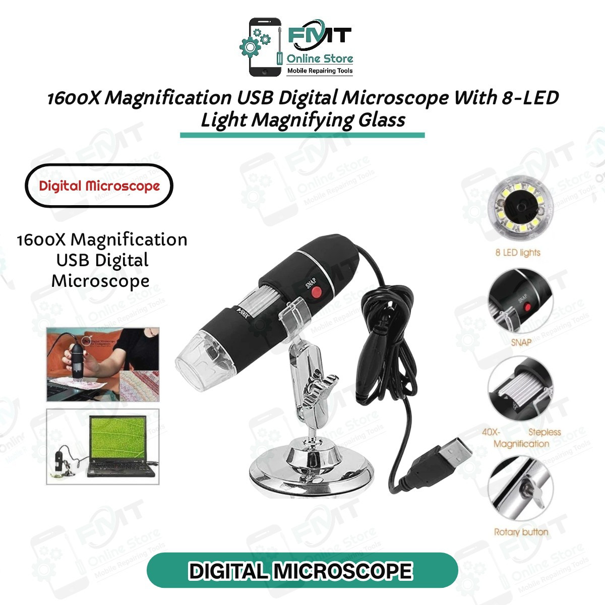 1600X Magnification USB Digital Microscope With 8-LED Light Magnifying Glass