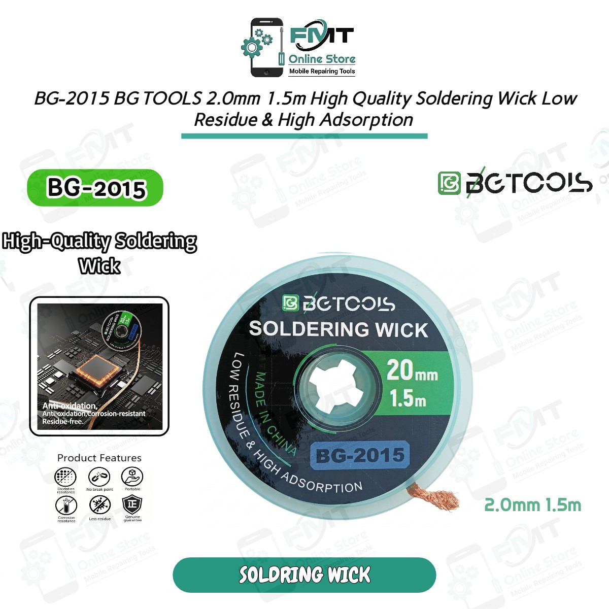 BG-2015 BG TOOLS 2.0mm 1.5m High Quality Soldering Wick Low Residue & High Adsorption.