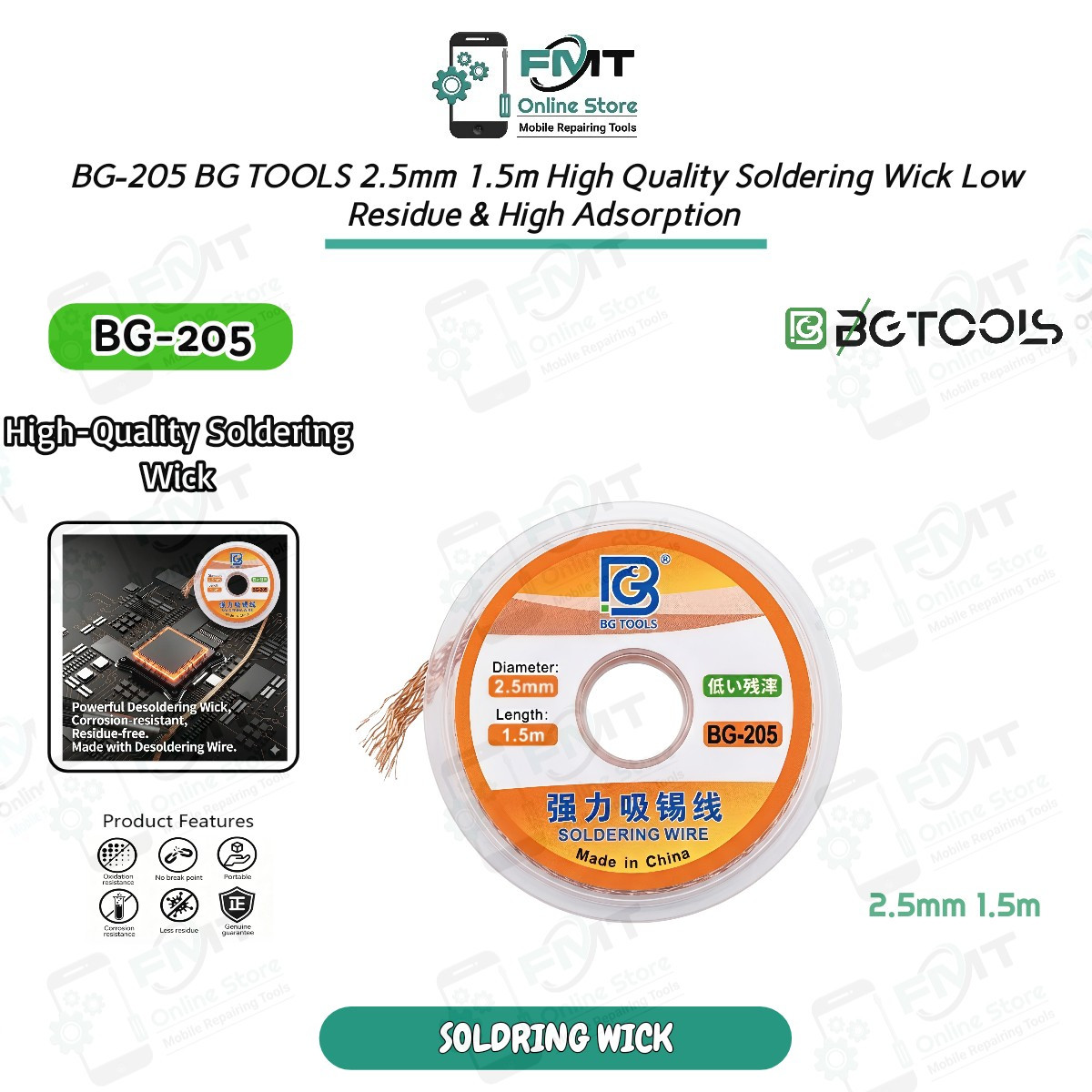 BG-205 BG TOOLS 2.5mm 1.5m High Quality Soldering Wick Low Residue & High Adsorption.