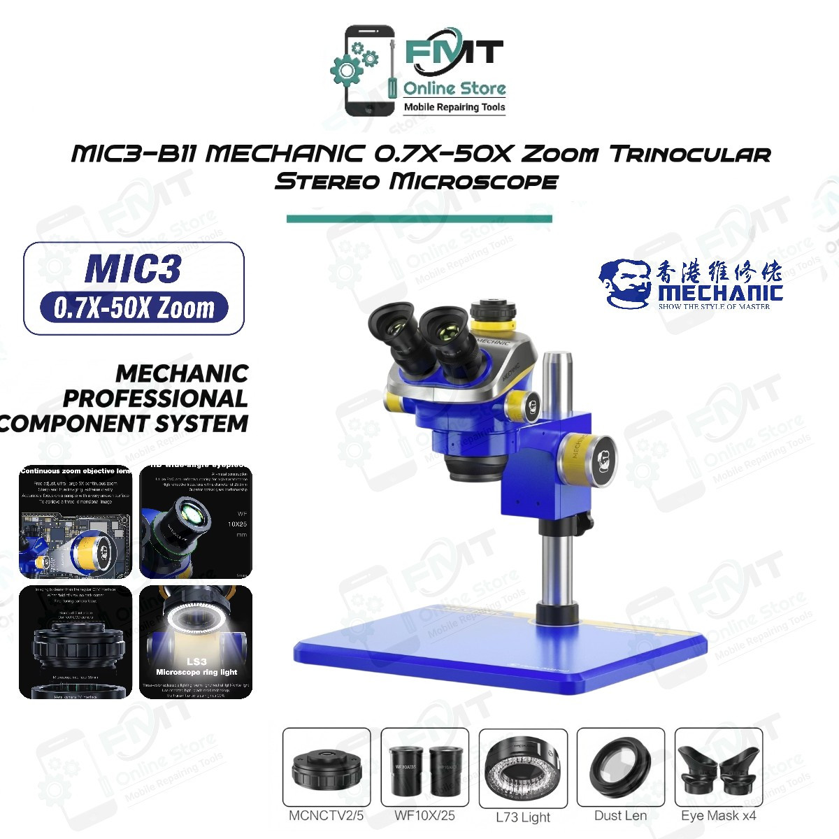 MIC3-B11 MECHANIC 0.7X-50X Zoom Trinocular Stereo Microscope
