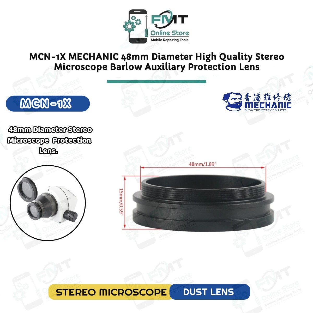 MCN-1X MECHANIC 48mm Diameter High Quality Stereo Microscope Barlow Auxiliary Protection Lens